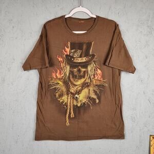 Scarecrow Skull Top Hat Shirt Mens Large Brown Flaming Horror Graphic Scary Y2k